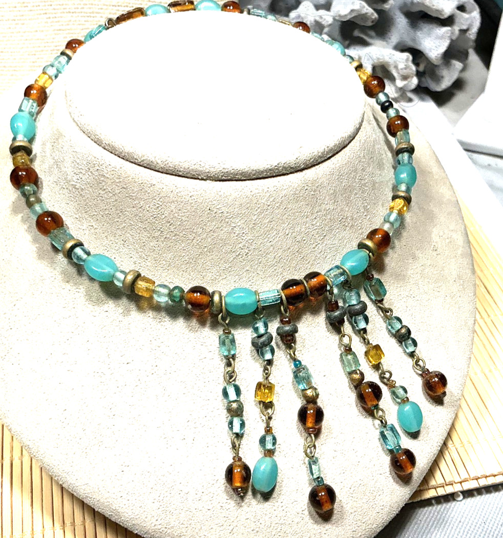 Fashion Necklace Aqua Bib Glass Beaded Wire recoil Fringed Choker Lot 99