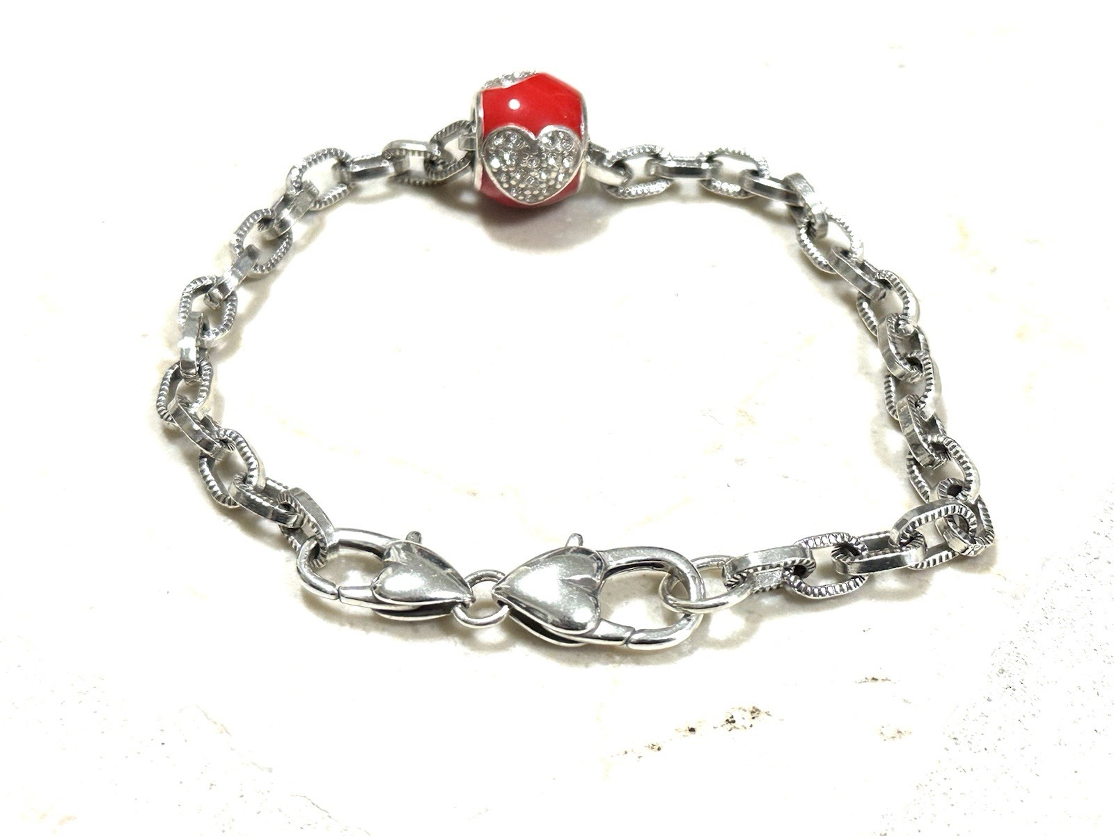 Brighton Charm Bracelet Oval Links Silver Red Crystal Heart Bead Lobster Clasp