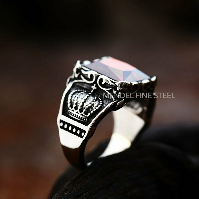 MENDEL Mens Womens Crown Red CZ Stone Ring For Men Stainless Steel Size 7 8 9-15