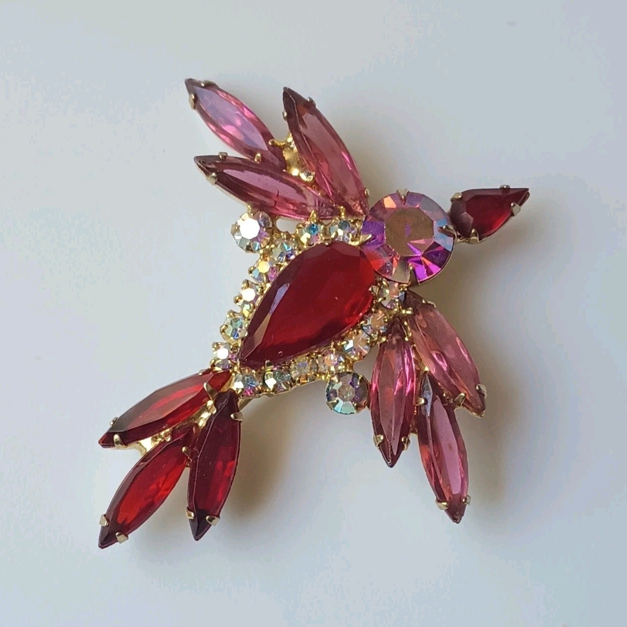 Vintage Gold Tone Brooch Pin Red & Pink Marquise Rhinestones Prong Set