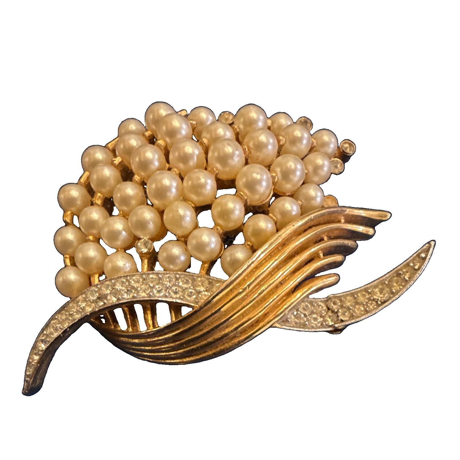 Trifari Signed Gold Tone Imitation Pearl Rhinestone Cluster Brooch Pin 2 in