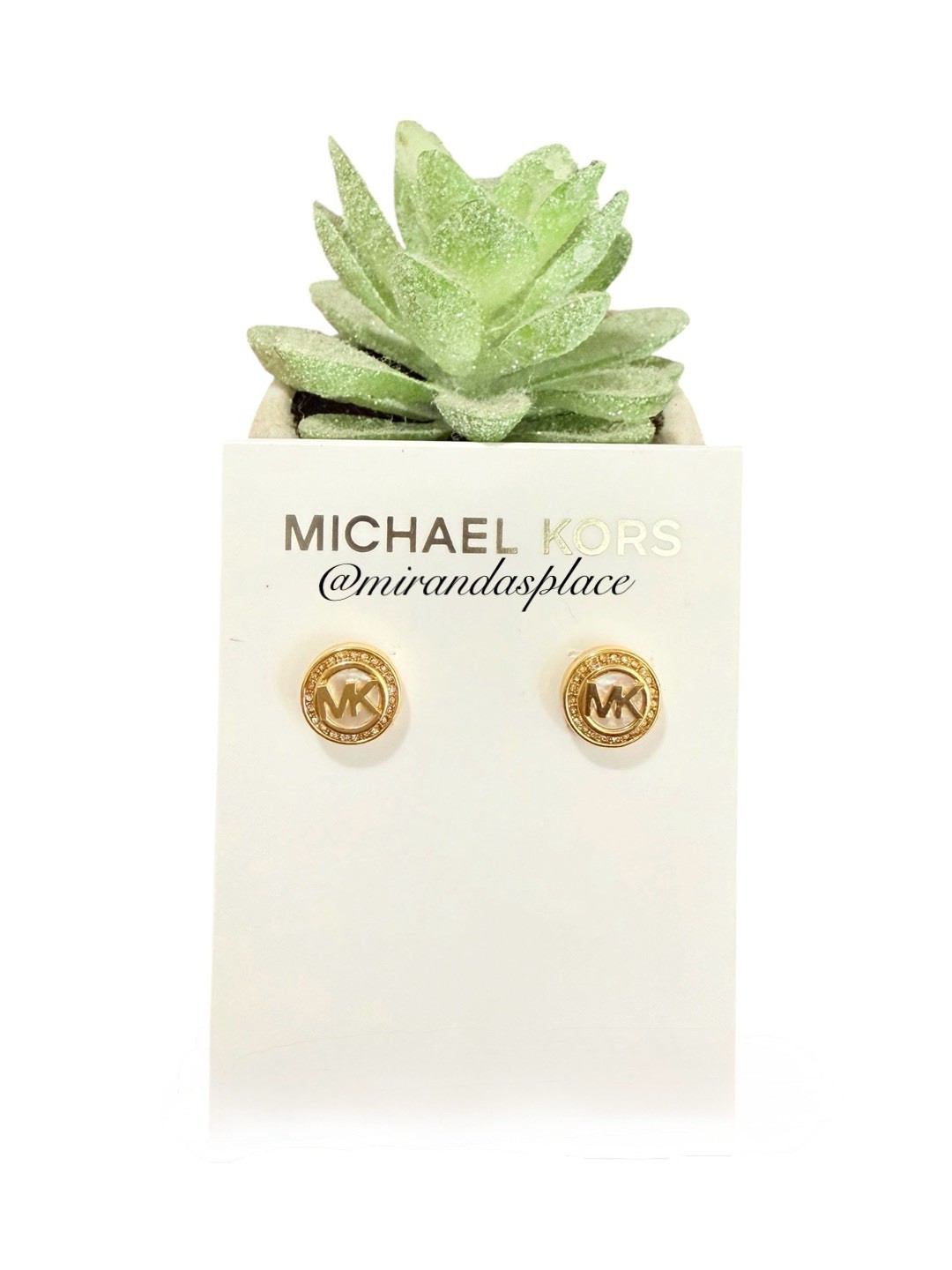 NWT Michael Kors MK Mother of Pearl Logo Stud Gold-Tone Pave Crystal Earrings