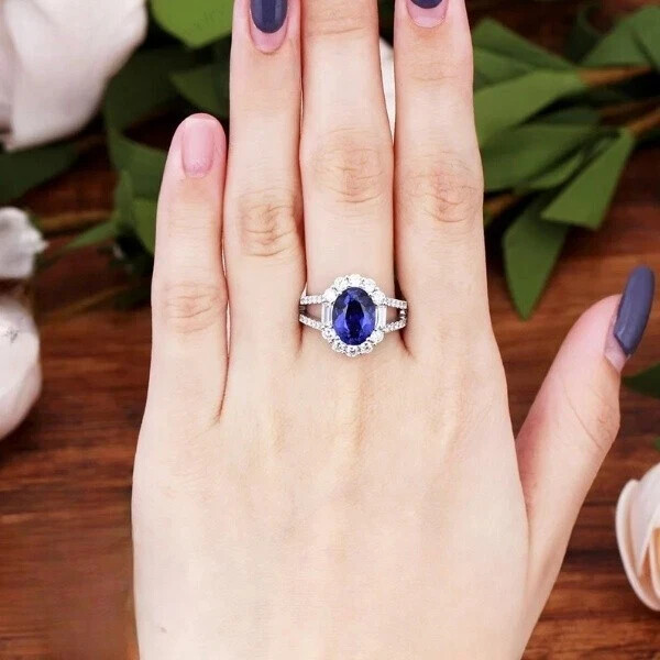 3.60 Ct Natural Blue Sapphire Diamond Wedding Ring 14K Solid White Gold Size 5.5