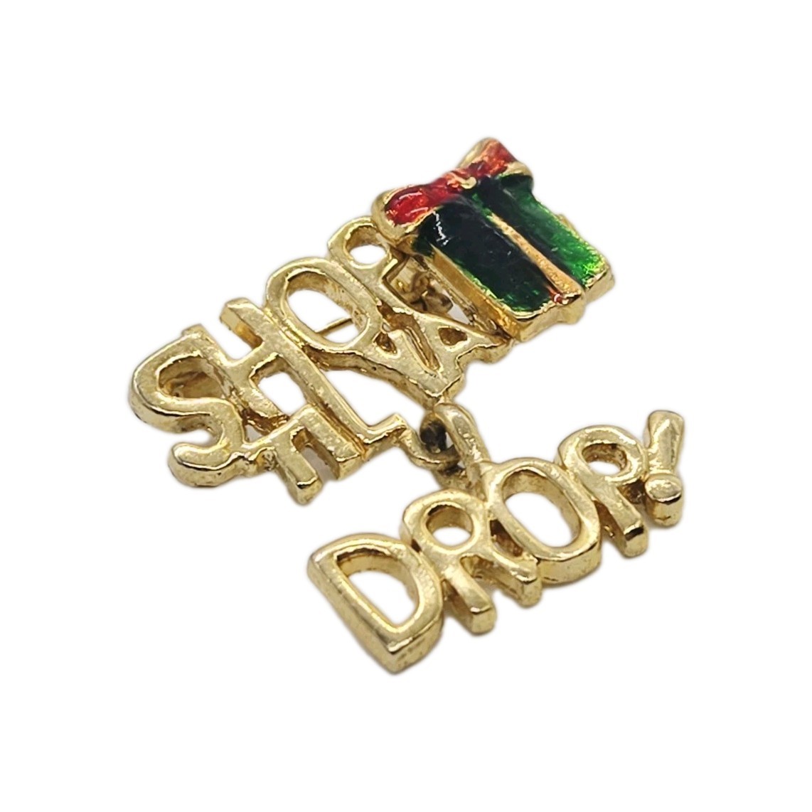 Shop Till you Drop Charm Brooch Gold Tone Enamel Holiday Christmas Pin Jewelry
