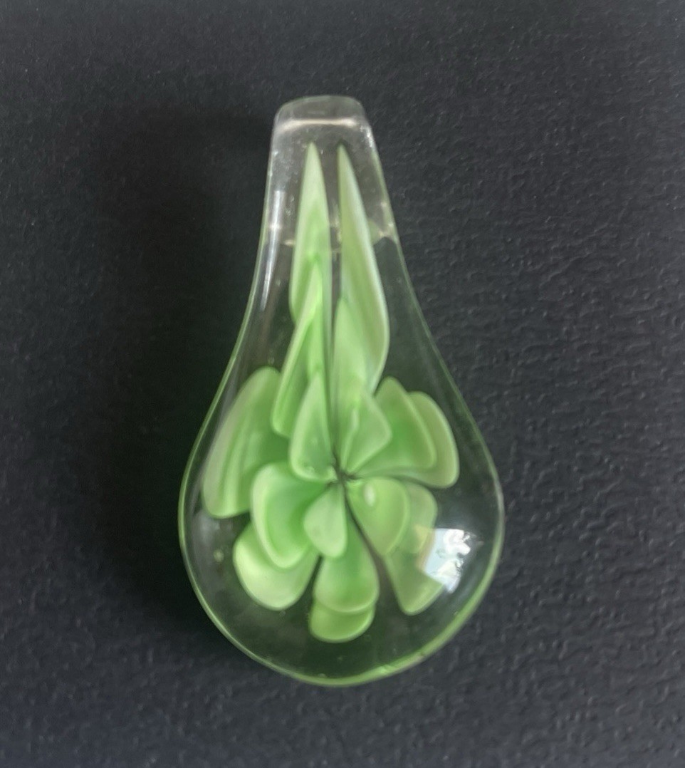 Gorgeous Art Glass Pendant With Green Flower Measurers 2.25 X 1.5 Inch
