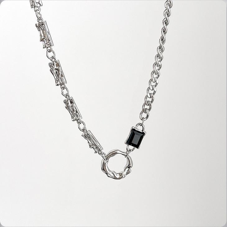 Silver Titanium Mixed Link Necklace Square Black Zirconia Clasp Unisex Jewelry