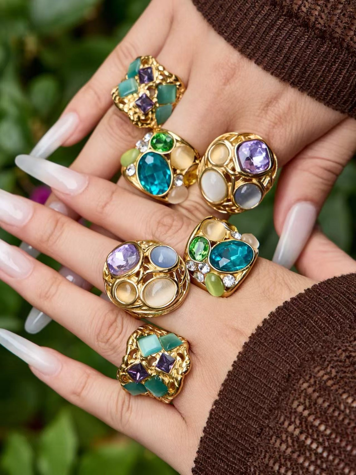 Woman 18k Gold Plated Simulated Opal Multicolor CZ Band Ring Anti-tarnish 7/8/9