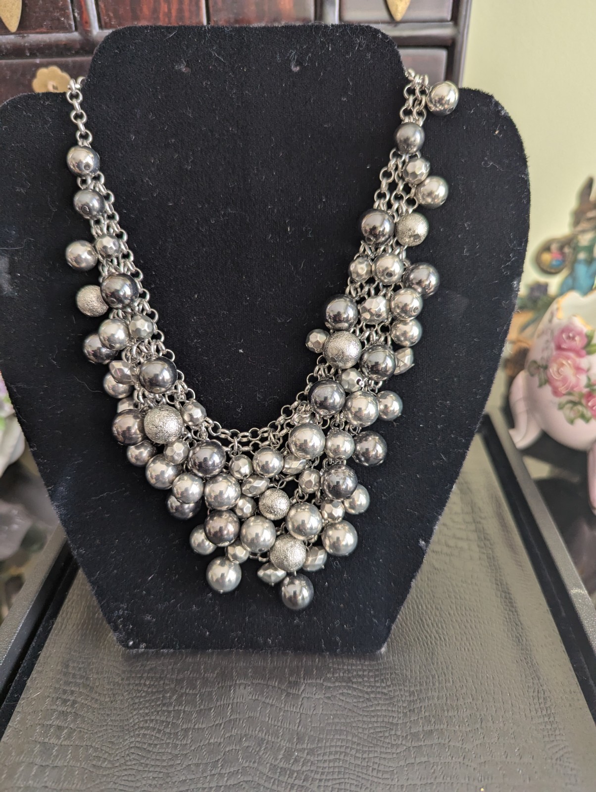 Silver Toned Cluster Beaded Mixed Metal Necklace 21inch Adjustable Fashion