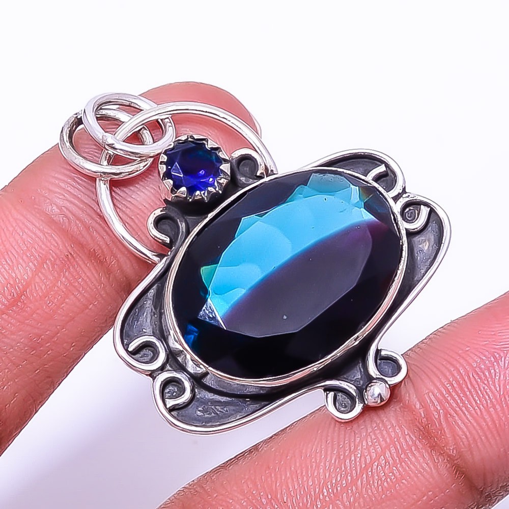 Bi-Colour Tourmaline & Blue Sapphire Simulated 925 Silver Pendant 1.64″ P64