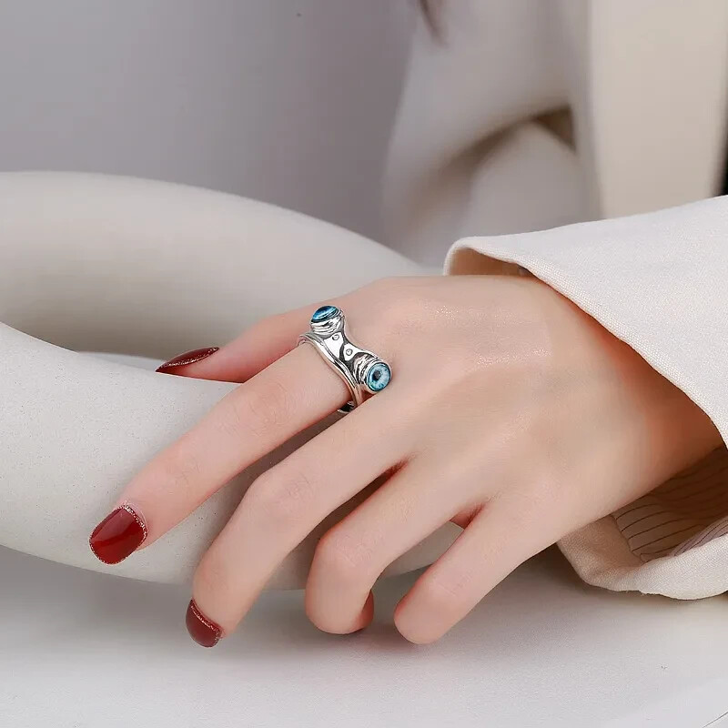 Cute Frog Blue Eye Silver Ring, Adjustable Size, Toad, Fun