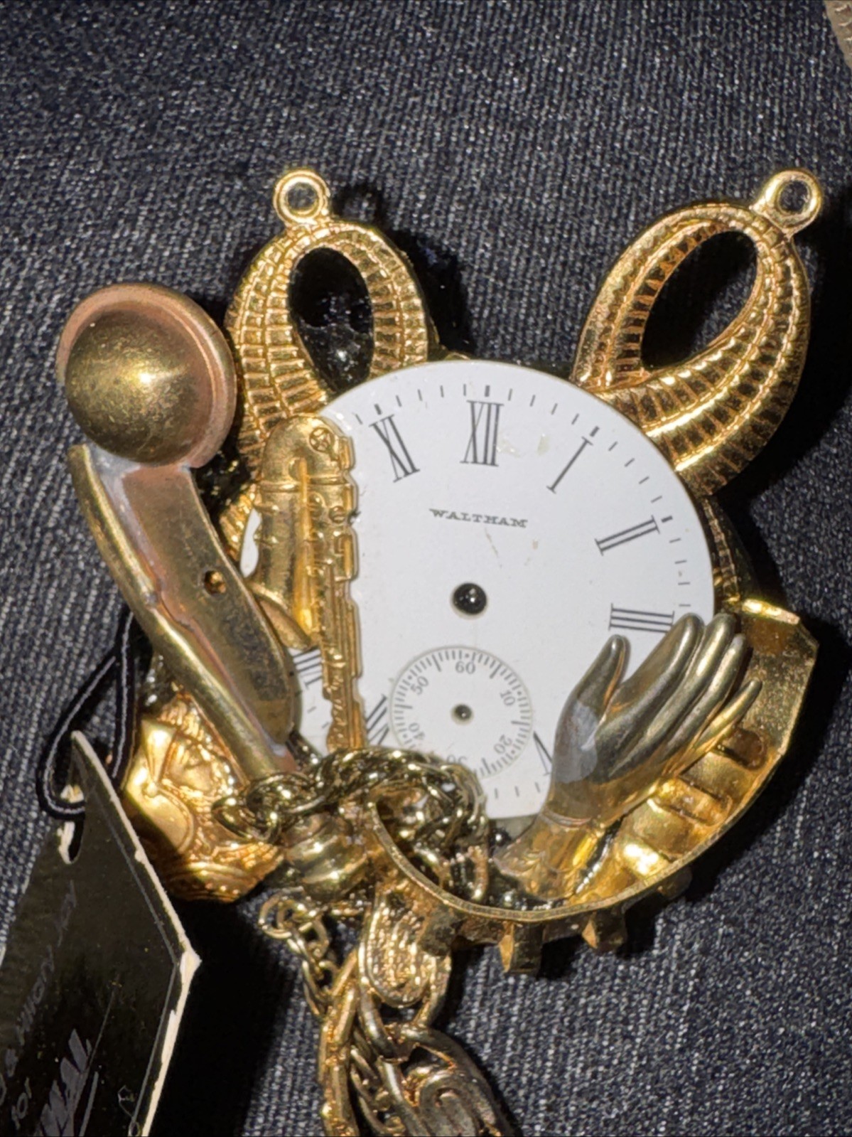 John Wind-Hilary Jay MAXIMAL ART Mixed Metal Clock HandCopper Pearl Brooch Chain