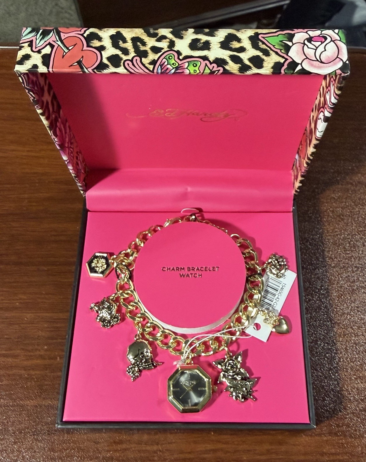 Ed Hardy Women’s Gold Charm All Tattoo Design Bracelet Octagon Watch NWT