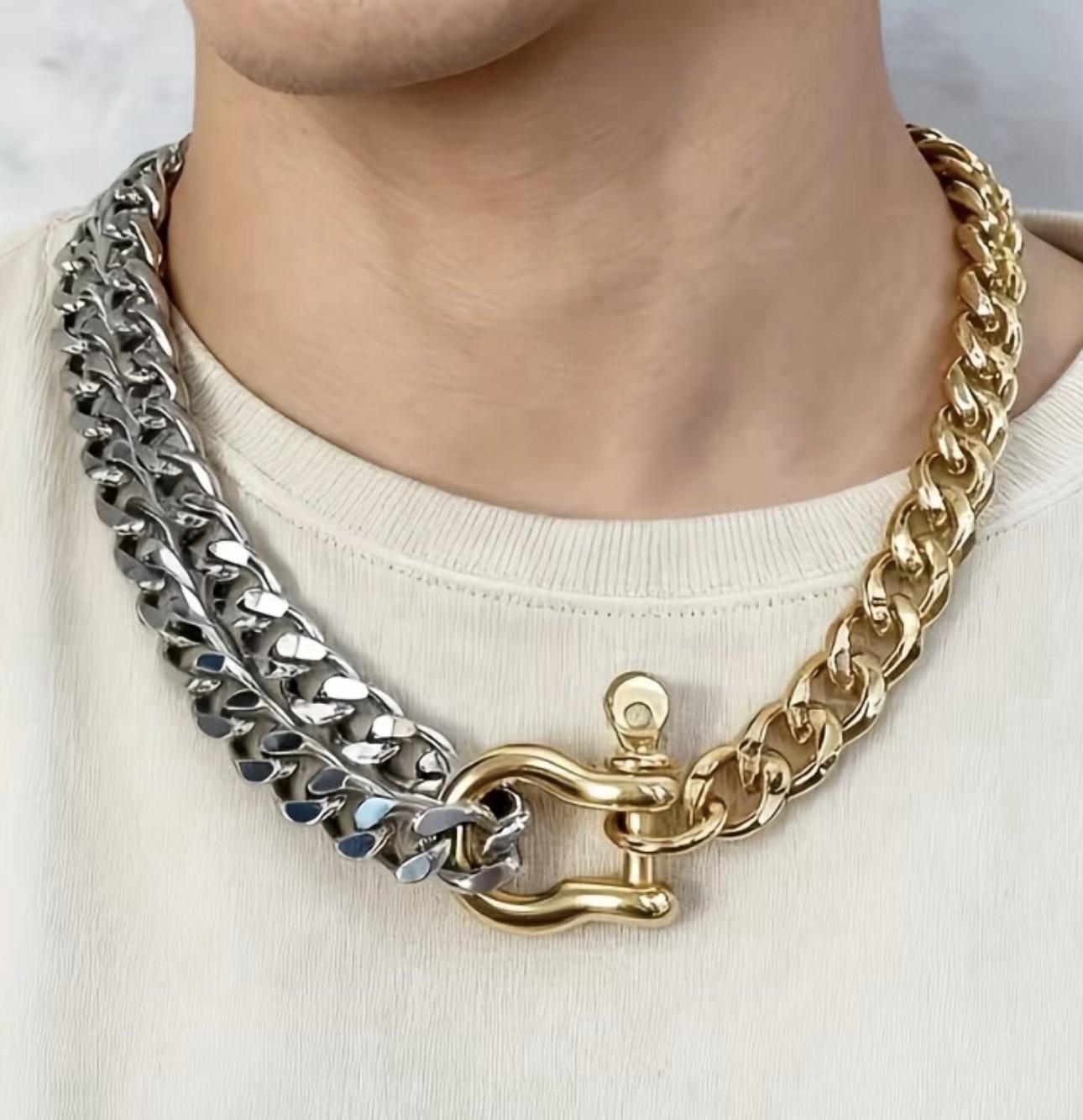 Silver & Gold Dual Chain necklace w/ Industrial Style Shackle Clasp