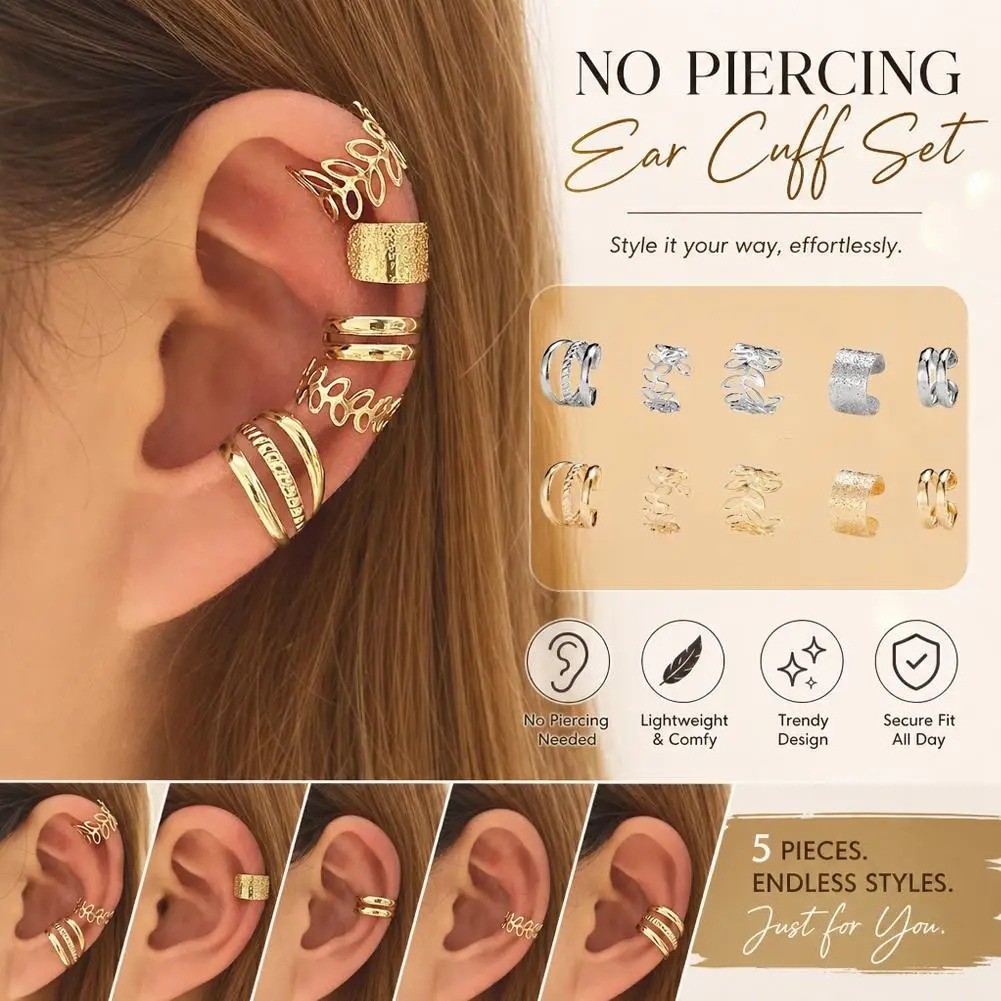 5PCS Gold Ear Cuff Clip Earrings No Piercing C-Shaped Korean Minimalist Jewelry