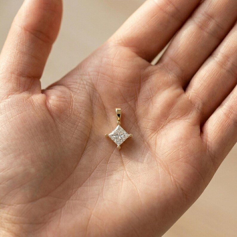 Solitaire Princess Cut Lab Grown Diamond Pendant Dainty Wedding Jewelry For Her