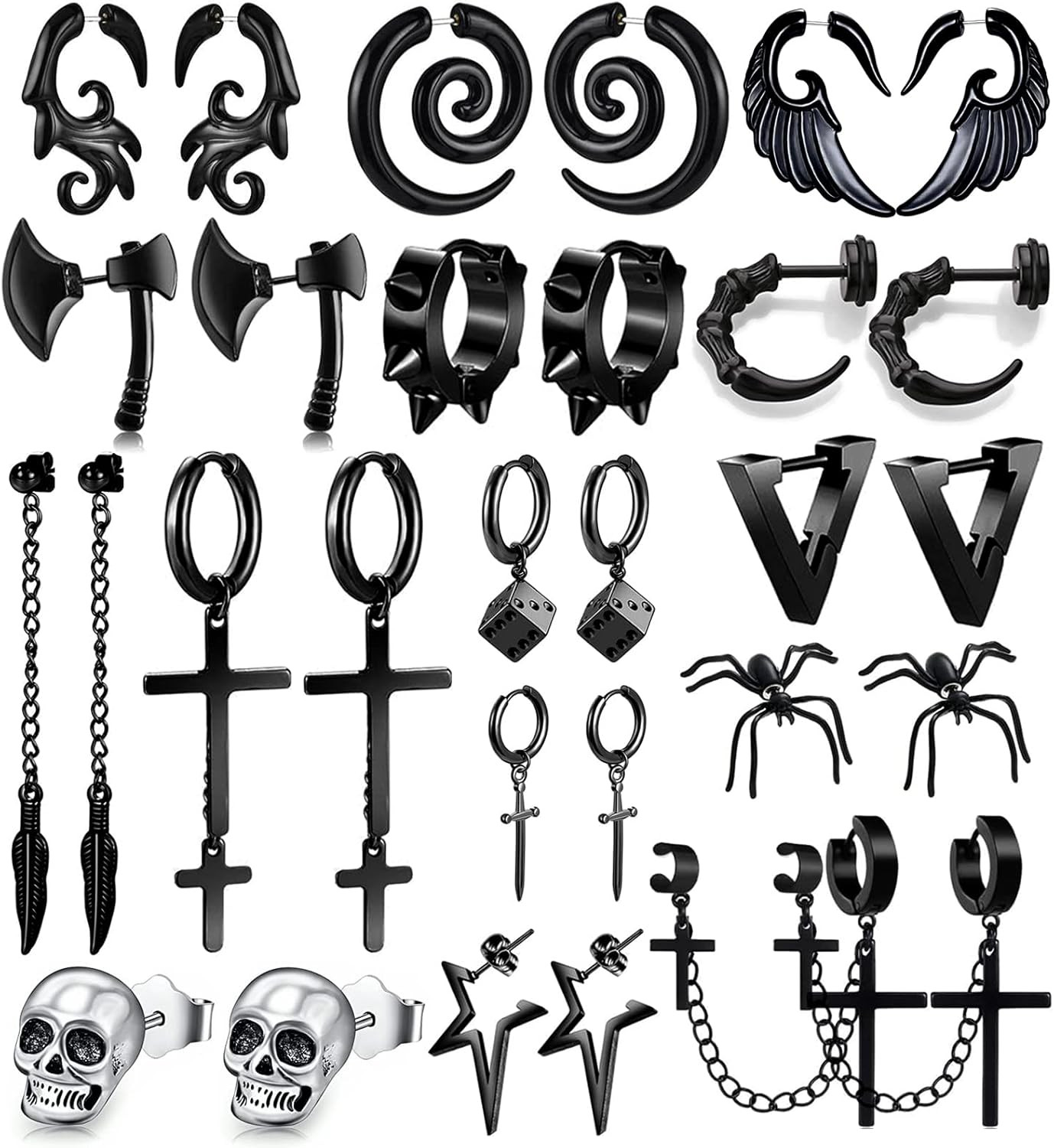 15 Pairs Punk Style Earrings Set for Women and Men, Black Stainless Steel Gothic