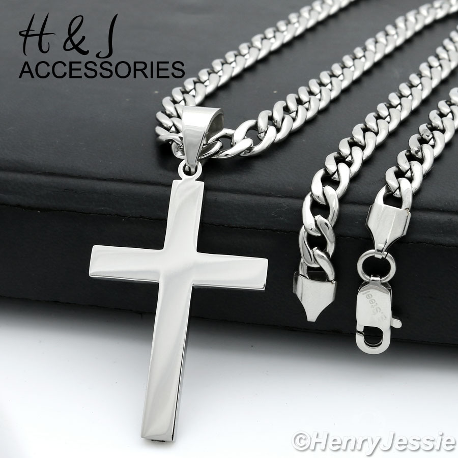 30″MEN Stainless Steel 6mm Silver Cuban Curb Chain Simple Plain Cross Pendant*64