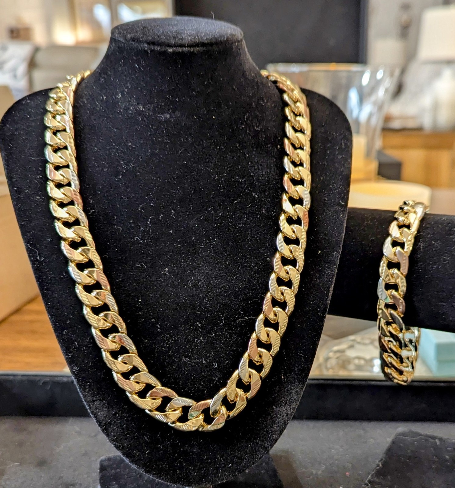 16 Inch Multi Color Gold Plated Cuban Chain Necklace And 8 Inch Bracelet Set