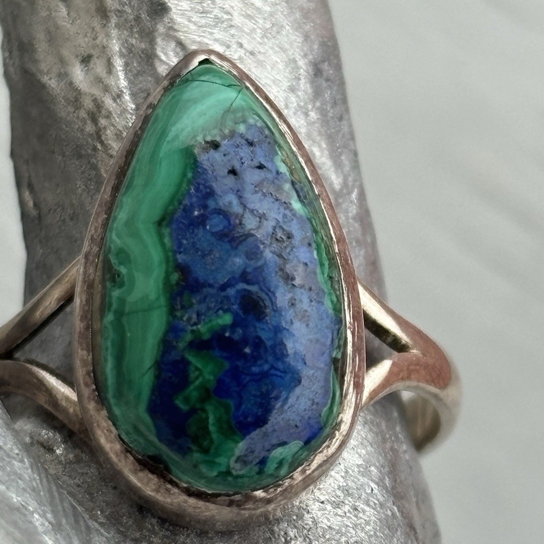Handmade Sterling Silver Azurite Malachite bezel set gemstone ring size 9
