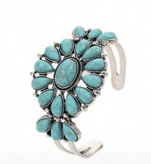 Turquoise Cuff Bracelet Western Boho Silvertone Jewelry Boho