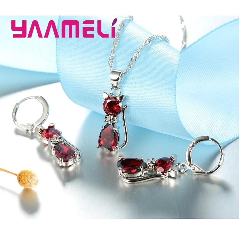 Silver Color Cat Pendant Necklace and Huggie Earrings Jewelry Set for Women Girl