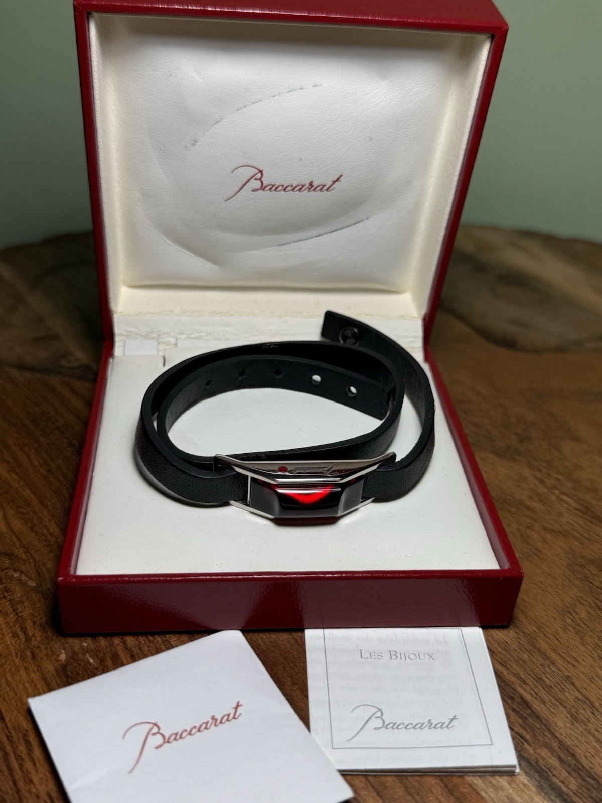BACCARAT RED CRYSTAL LEATHER CABLE DOUBLE WRAP BRACELET AND S.S .925 / 6.5-7.5”