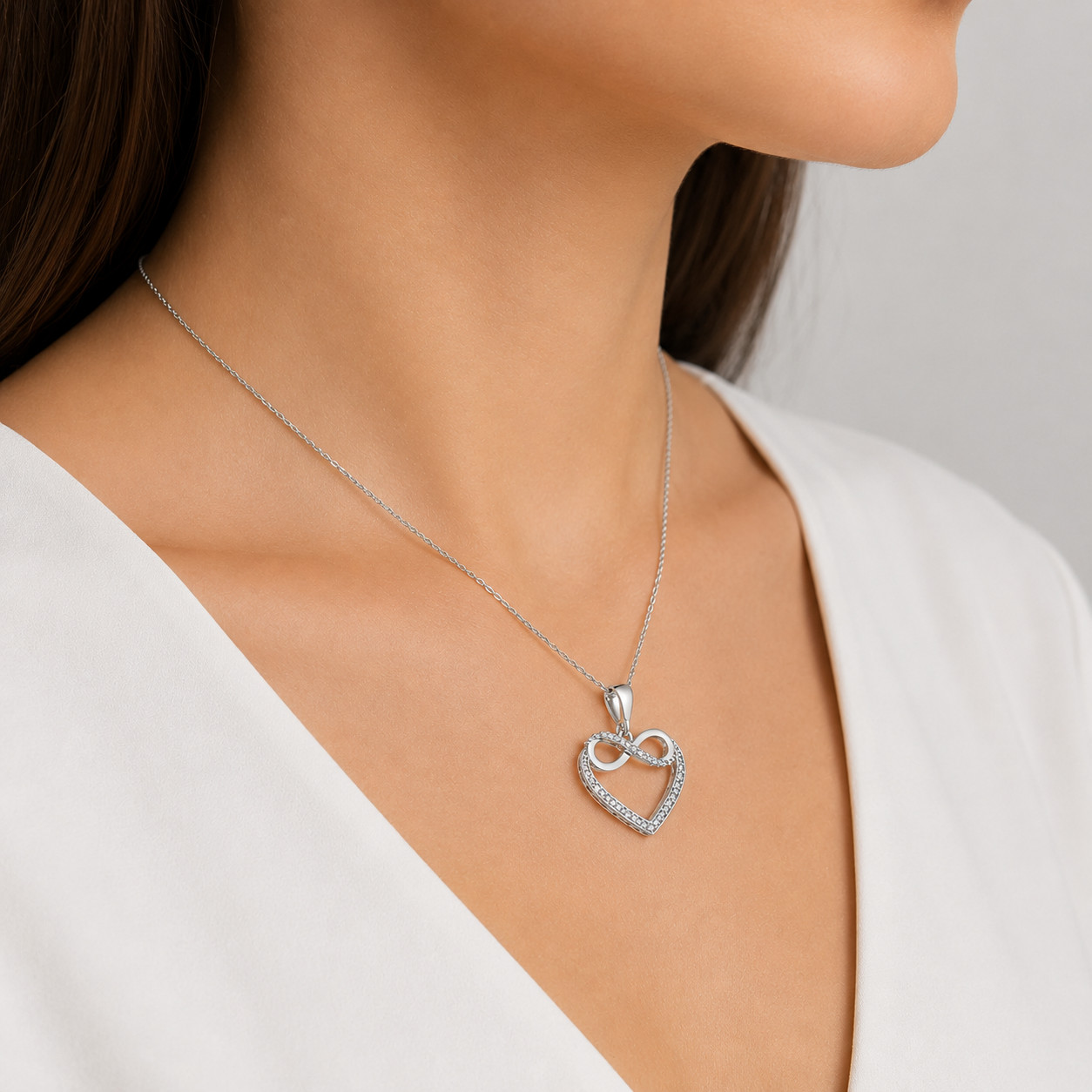 925 Silver Infinity Love Heart Pendant Necklace Cubic Zirconia Rhodium Finish