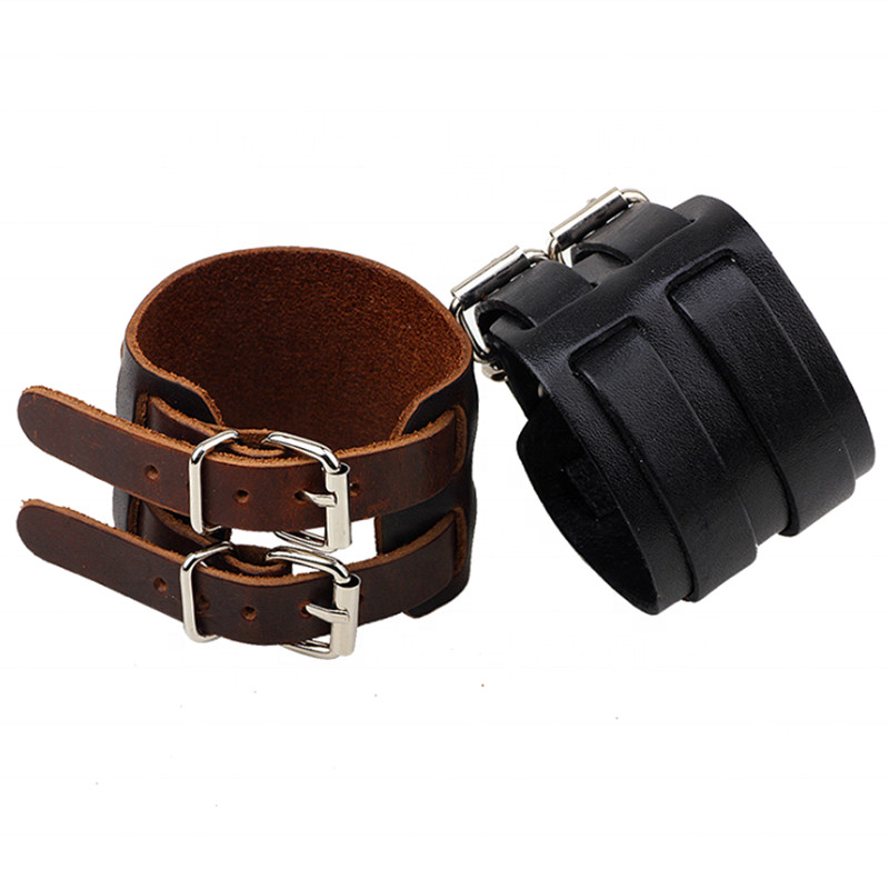 Men Genuine Leather Wide Cuff Bracelets & Bangles with Adjustable Double Buckles