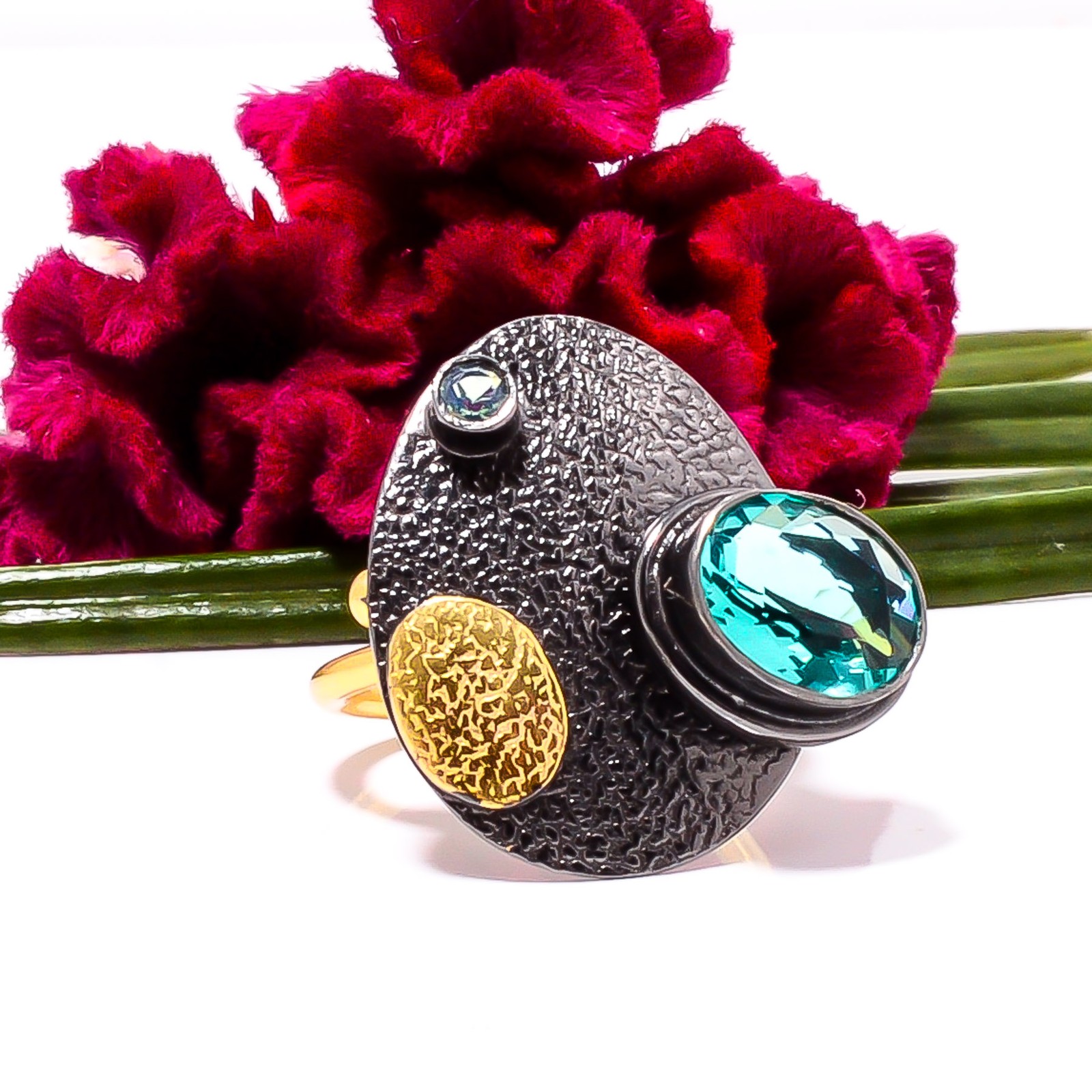 Paraiba Tourmaline Black And Gold Plated 925 Sterling Silver Ring s.7 Sku79