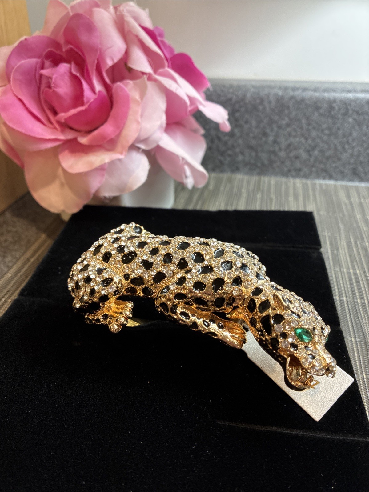Natasha Gold Leopard Panther Cuff Bracelet Rhinestone, Enamel Green Eyes.