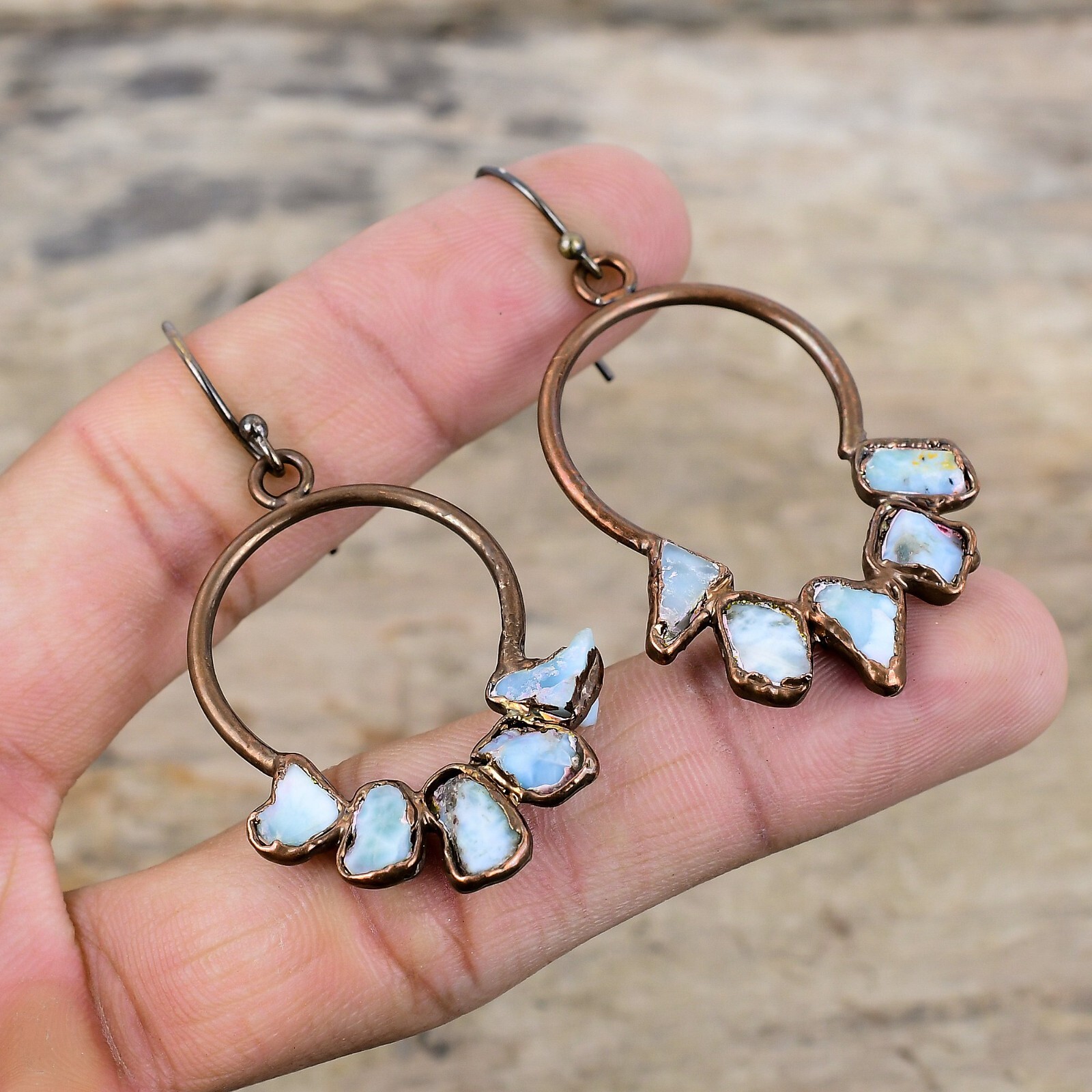 Copper Larimar Rough Gemstone Dangle Drop Electroformed Elegant Earrings Jewelry