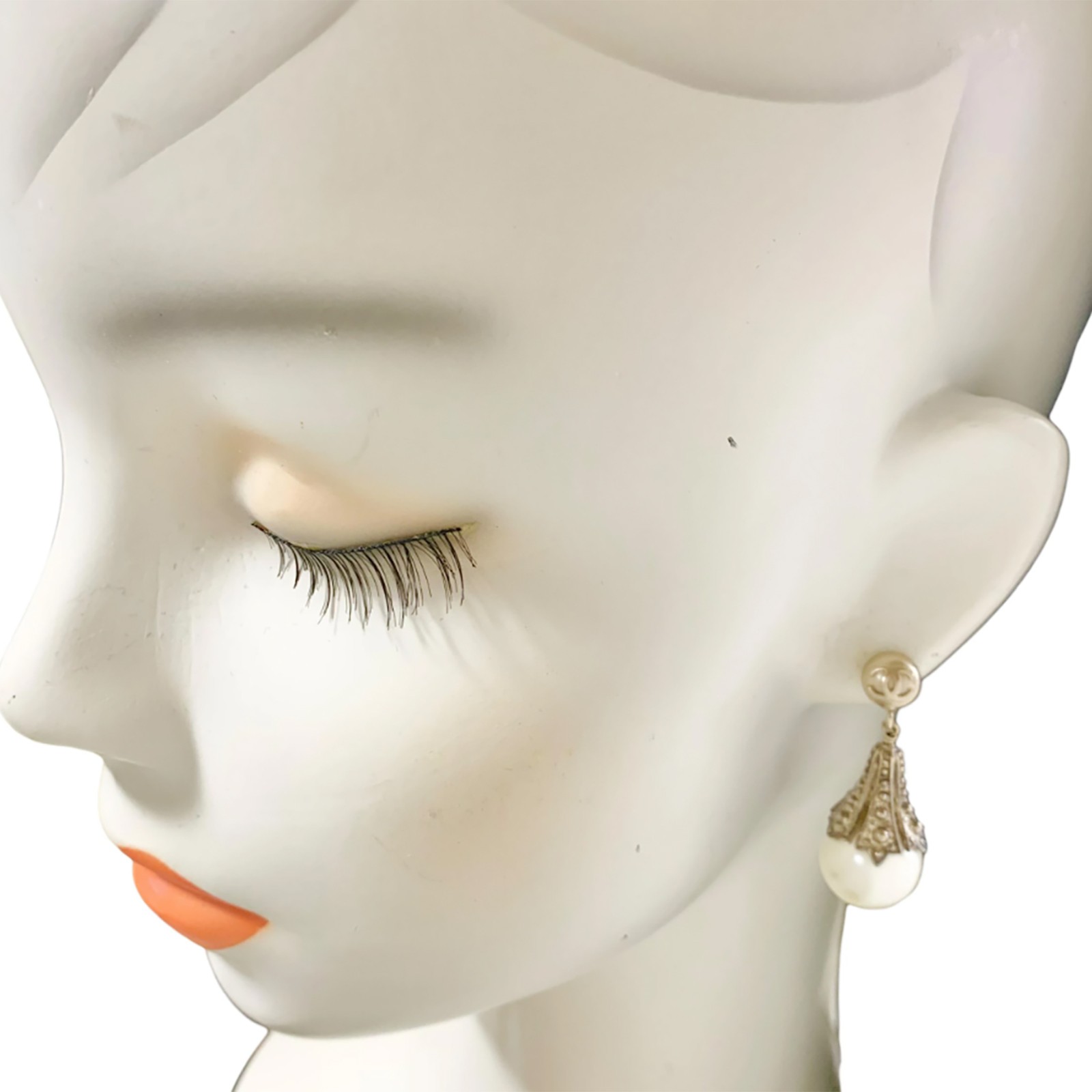 CHANEL CC Logos Pearl Teardrop Dangle Earrings Gold Tone 03P Auth #2606