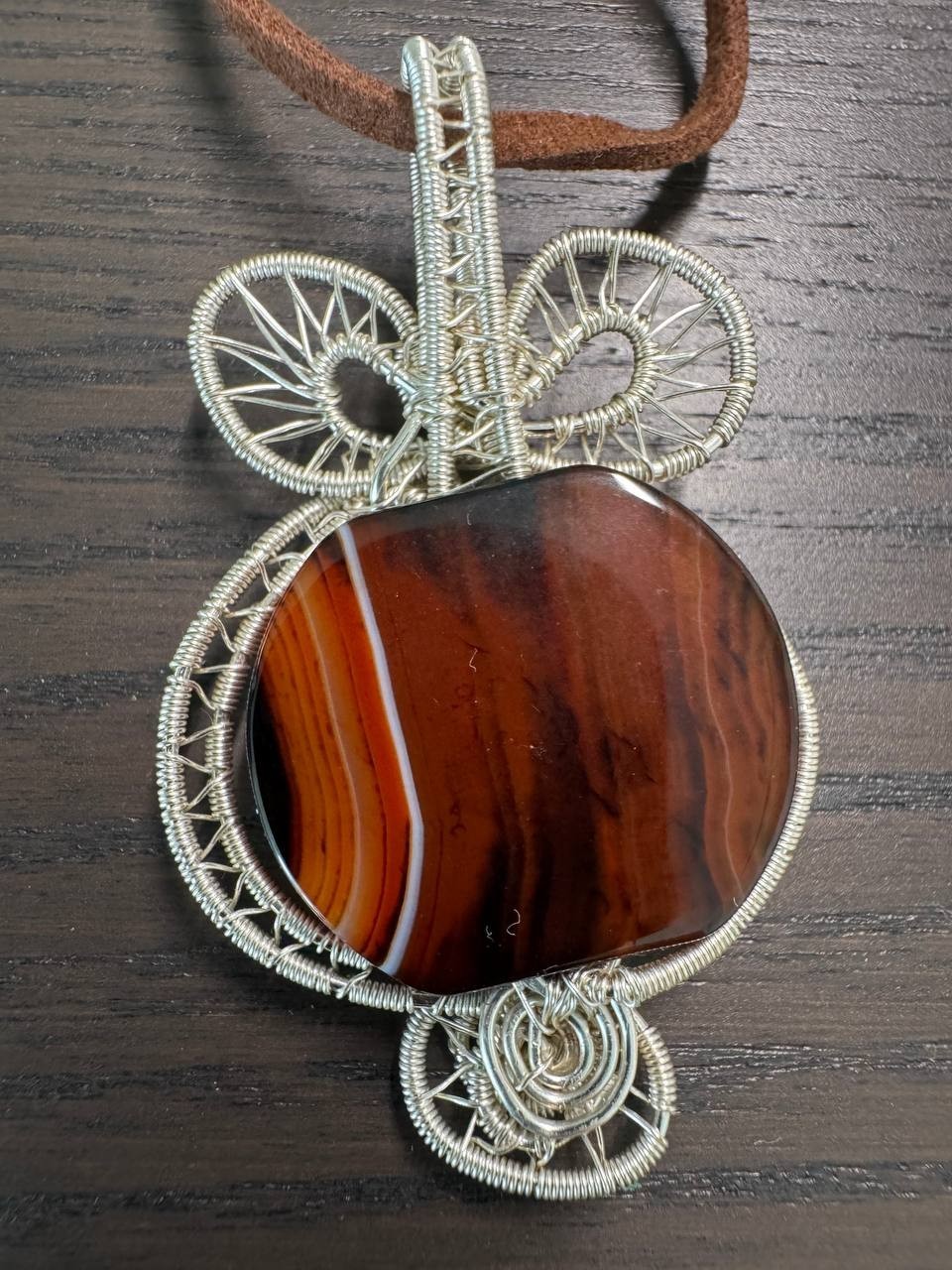 Handmade Banded Sard Agate Wire Wrapped Pendant Necklace Artisan Jewelry