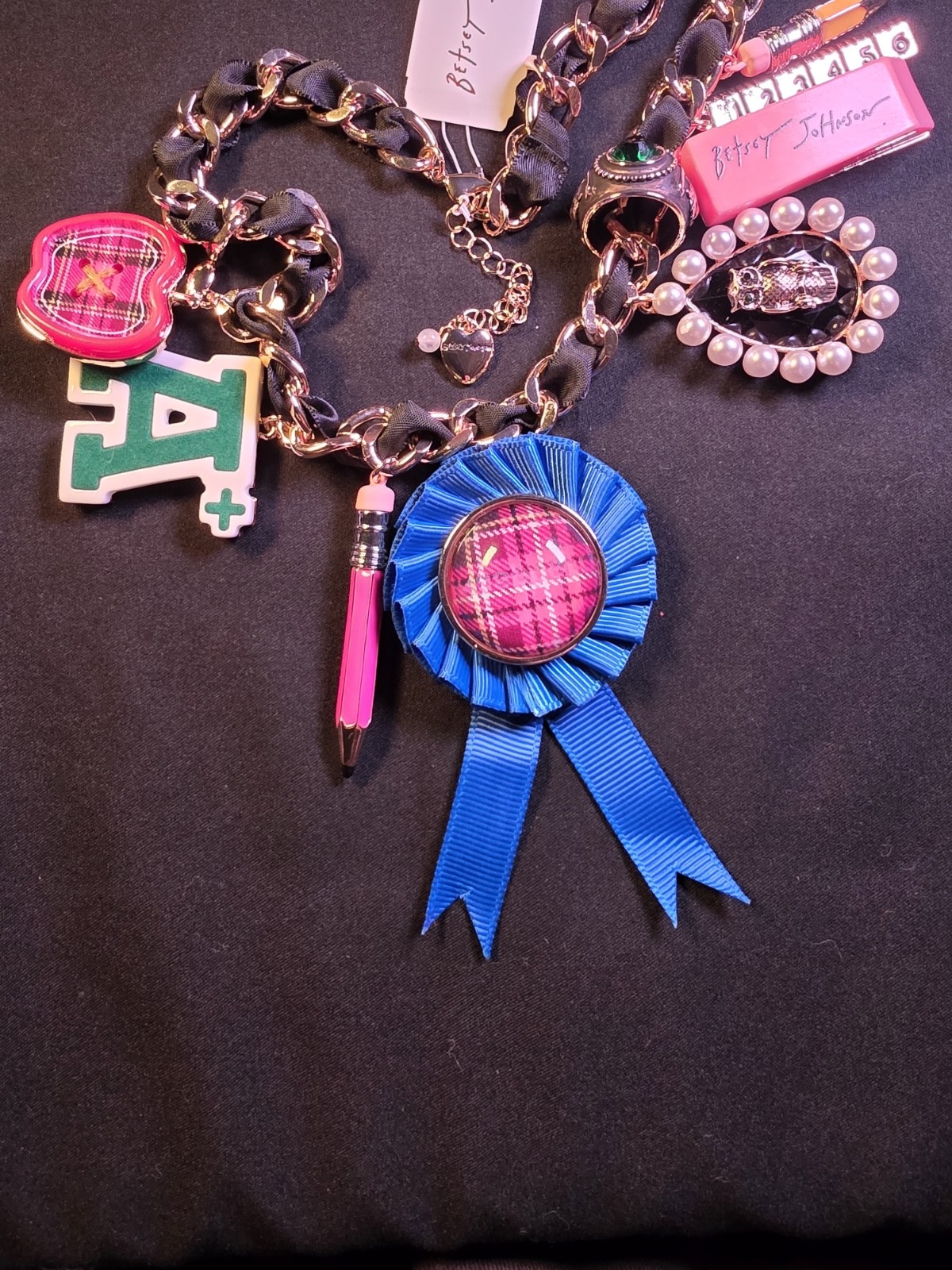 Betsey Johnson necklace Charm School blue ribbon A+ pencils apple owl goldtone