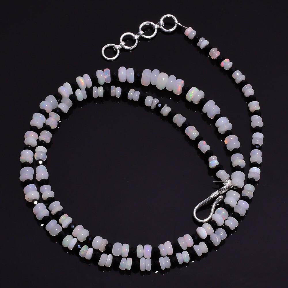 31.6 Ct Natural Fire Ethiopian Opal Black Spinel Smooth Beads Necklace 16″ A1981