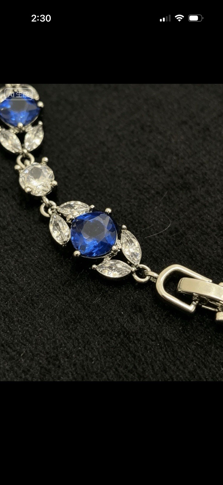Silver Tone Blue & Clear Oval Crystal Tennis Bracelet, Prong Set, Lobster