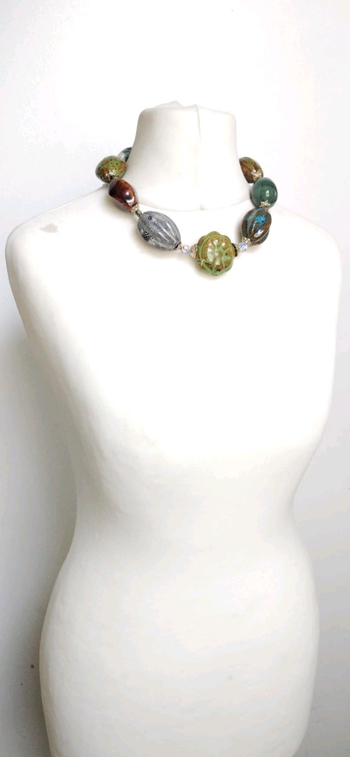 Chunky Glazed Ceramic Mixed Shapes Beaded Statement Necklace, blue green brown