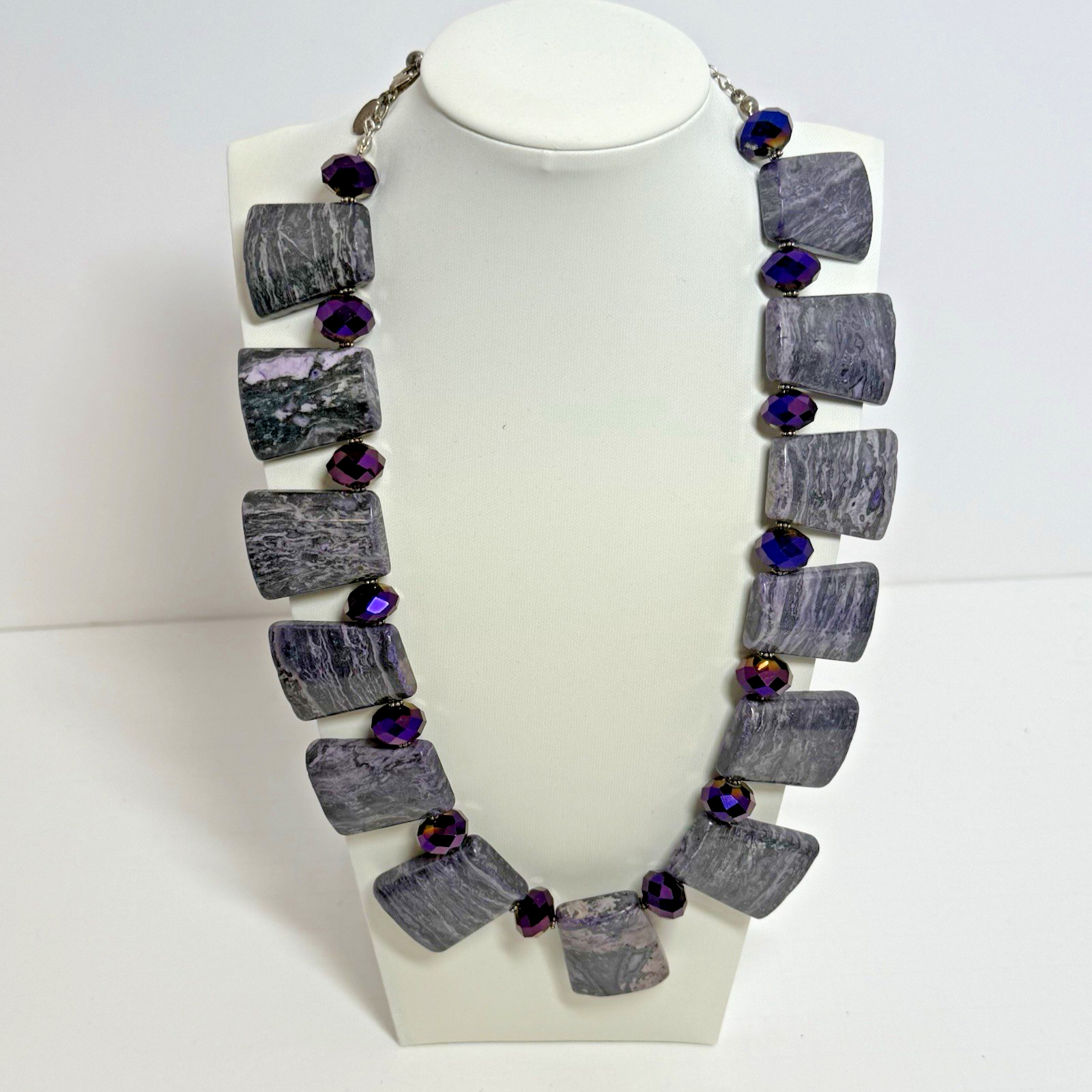 Donna Dressler Purple Agate Stone Crystals 16 -19 Inch Necklace Sterling Silver