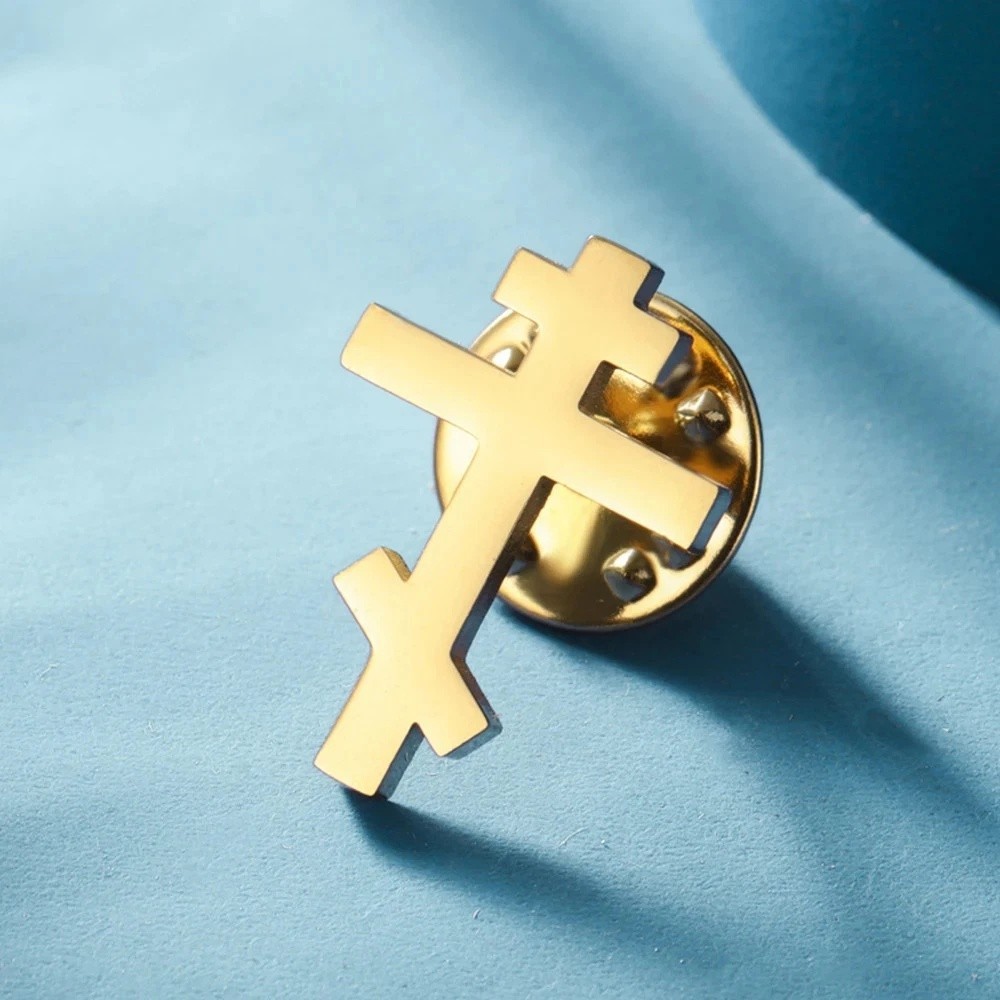 Lapel Pin Brooch -Russian Orthodox Christian Cross -Stainless Steel Gold Finish