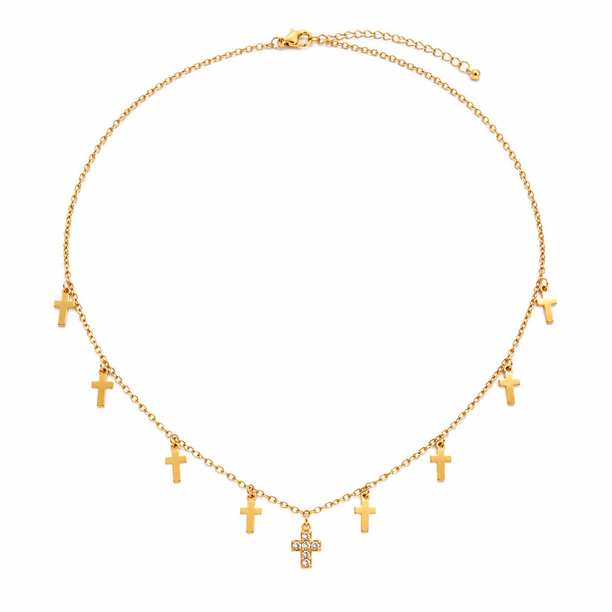 Gold 9 Cross Charm Necklace Women CZ Pendant Stainless Steel PVD Plated Gift