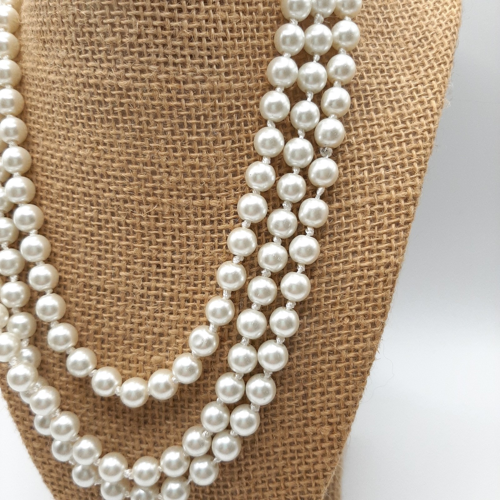 Vintage Silver White High Quality Glass Faux Pearl Single Strand Necklace 60″