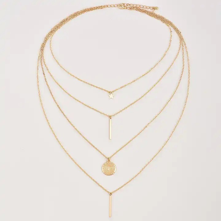 Four (4) Layered Multi Chain Gold Necklace, Column, Pendant and Star