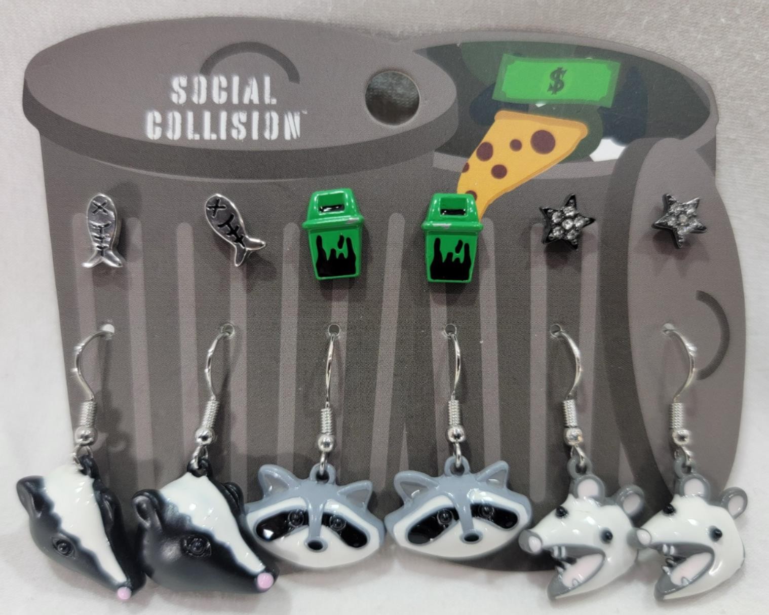 SOCIAL COLLISION Trash Icon Earring Set Grunge Raccoon Possum Skunk 6 pairs