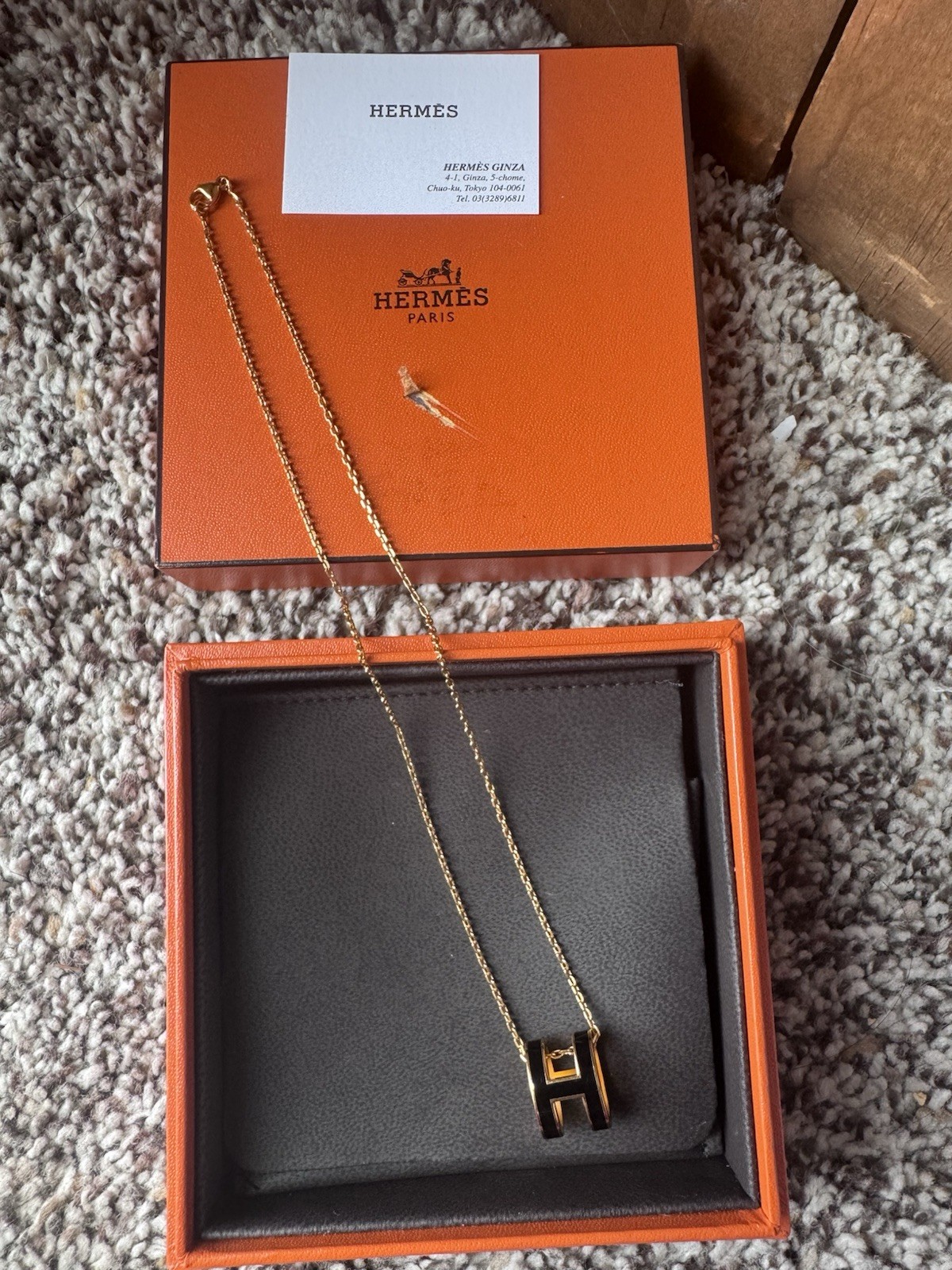 HERMES Pop H Metal Necklace Black Gold Authentic Made In France with Box