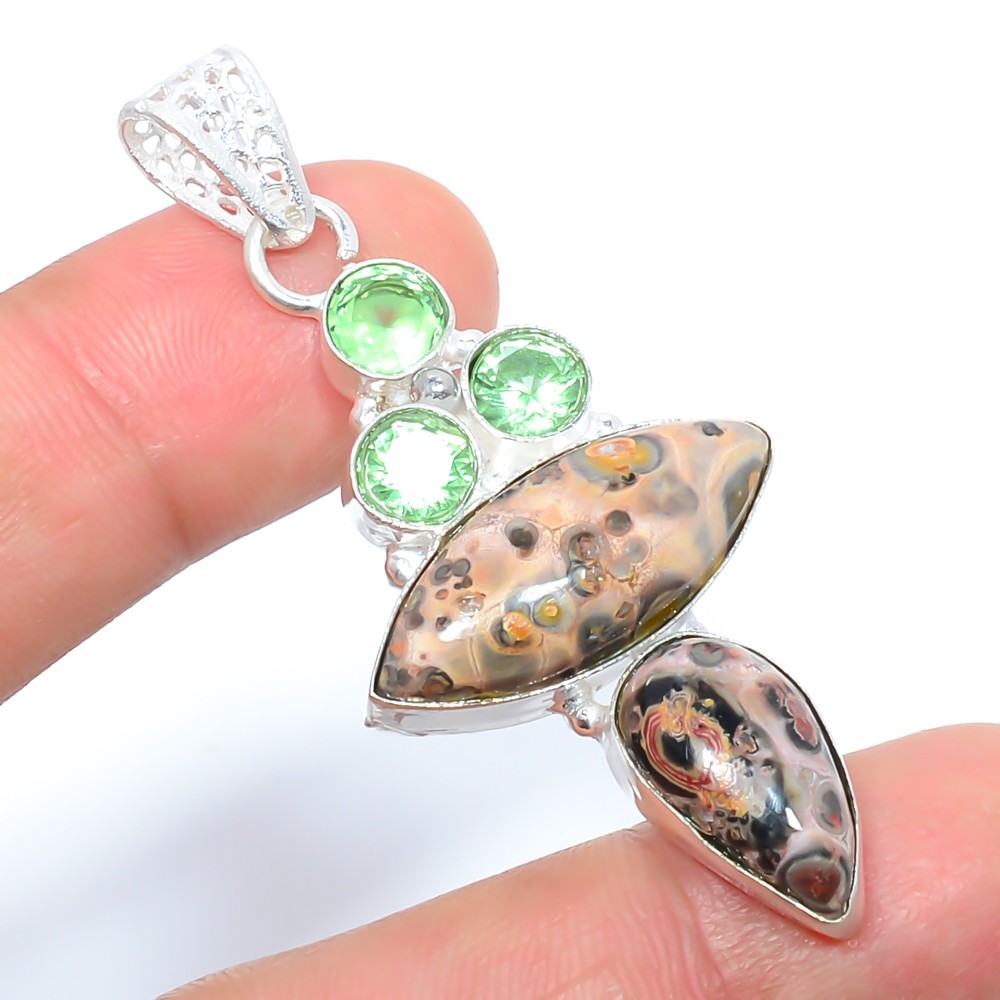 Ocean Jasper – Madagascar & Green Amethyst 925 Silver Plated Pendant 2.18″L4