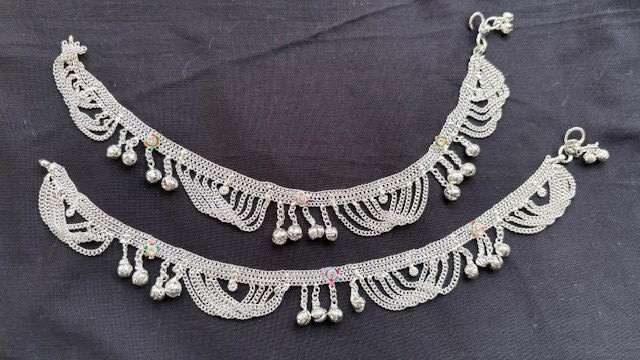 Tribal ethnic silver women Indian payal bells foot jewelry anklet chain tassel