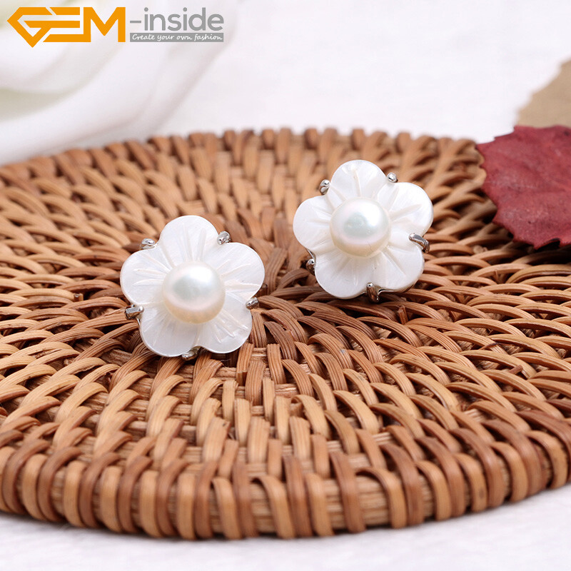Pretty 6-7mm Freshwater Pearl White Shell Flower Sliver Stud Earring,Colors Pick
