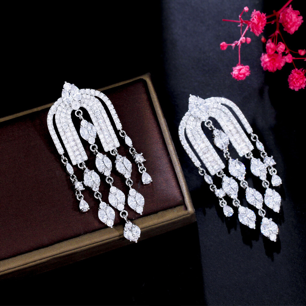 Silver Plated Cubic Zirconia Long Chandelier Dangle Drop Wedding Earrings Women