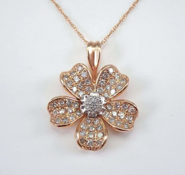 Flower Pendant Chain Necklace Simulated Diamond Round Cut 14K Yellow Gold Plated