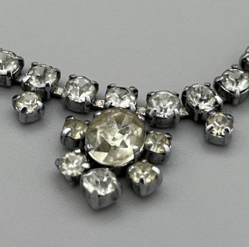 Vintage Rhinestone Statement Necklace Silver Tone 40cm 1950s Glamour Classic